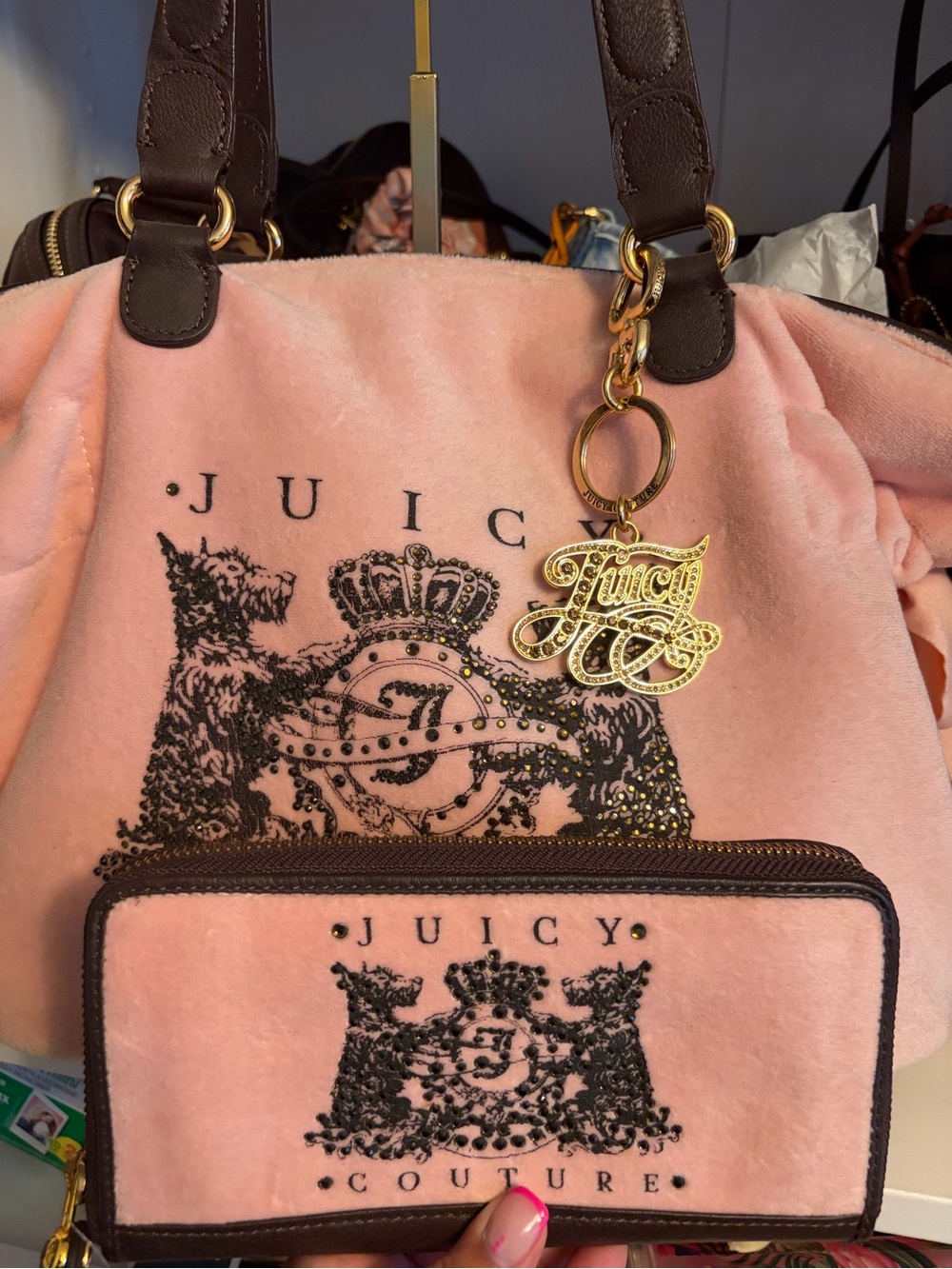 Juicy Couture Pink Plush Tote Bag with Brown Trim and Gold Charm